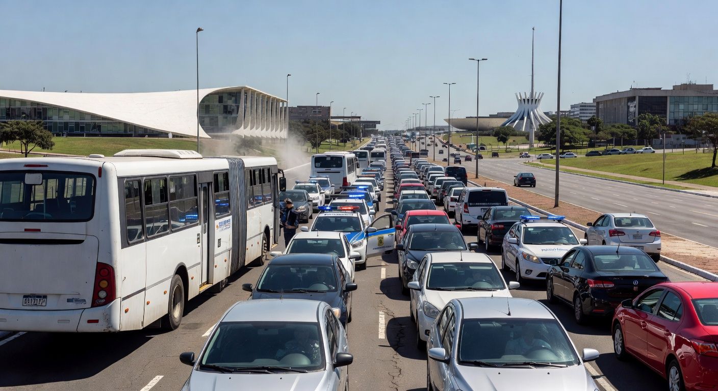 Trânsito congestionado com ônibus e viaturas policiais em avenida de Brasília, ilustrando falhas no transporte e segurança no DF.