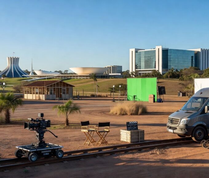 Polo de cinema no DF com edifícios e equipamentos de filmagem em área de assentamento rural, arquitetura de Brasília ao fundo.