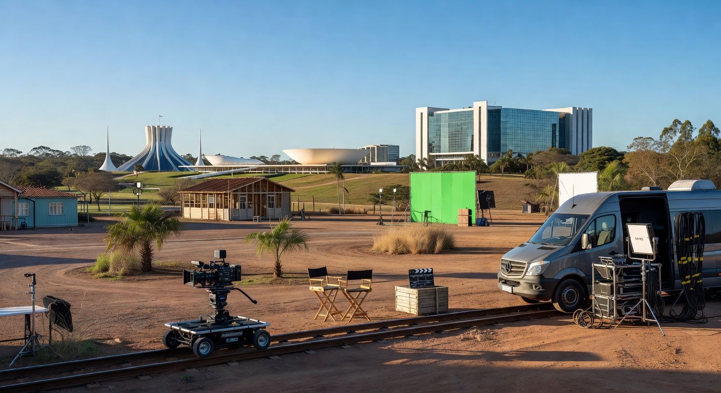 Polo de cinema no DF com edifícios e equipamentos de filmagem em área de assentamento rural, arquitetura de Brasília ao fundo.