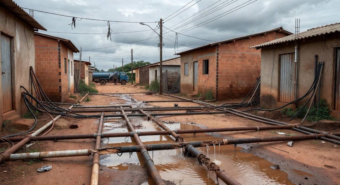 Rua em Sucupira com tubulações de água expostas e ligações clandestinas, ilustrando falhas no abastecimento pela Caesb.