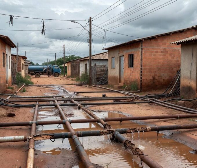 Rua em Sucupira com tubulações de água expostas e ligações clandestinas, ilustrando falhas no abastecimento pela Caesb.