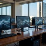 Sala de escritório na CLDF com computadores e gráficos de monitoramento, em investigação por software não autorizado.