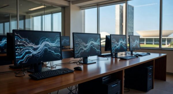 Sala de escritório na CLDF com computadores e gráficos de monitoramento, em investigação por software não autorizado.