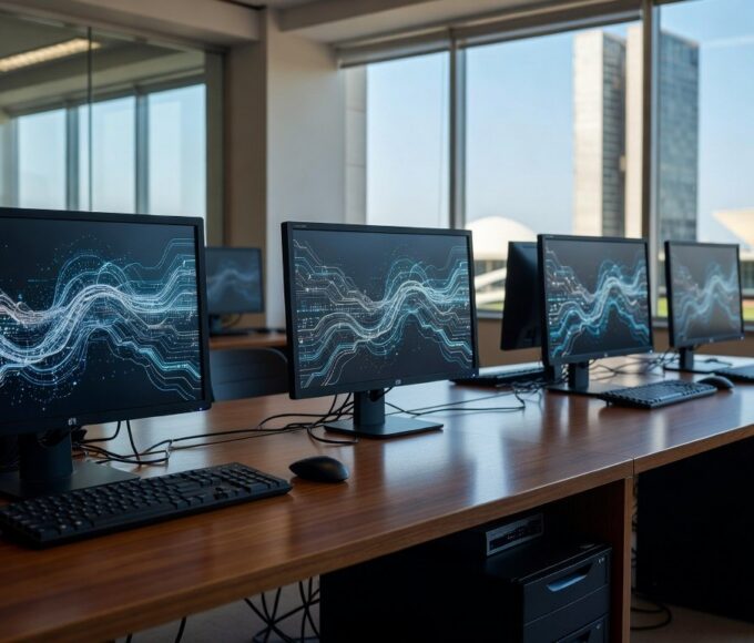 Sala de escritório na CLDF com computadores e gráficos de monitoramento, em investigação por software não autorizado.