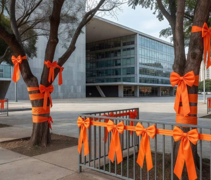 Fitas laranja da campanha Maio Laranja contra abuso sexual infantil em praça de Brasília