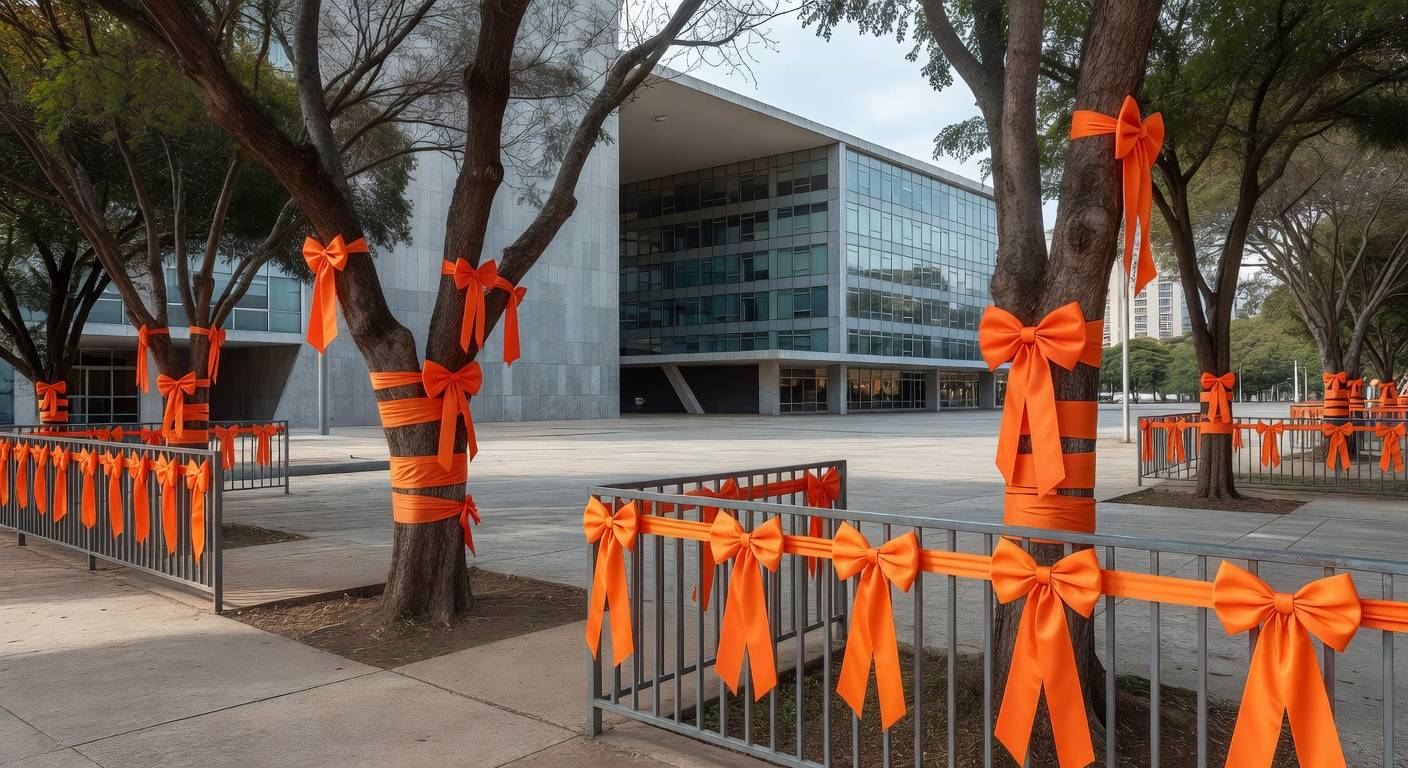 Fitas laranja da campanha Maio Laranja contra abuso sexual infantil em praça de Brasília