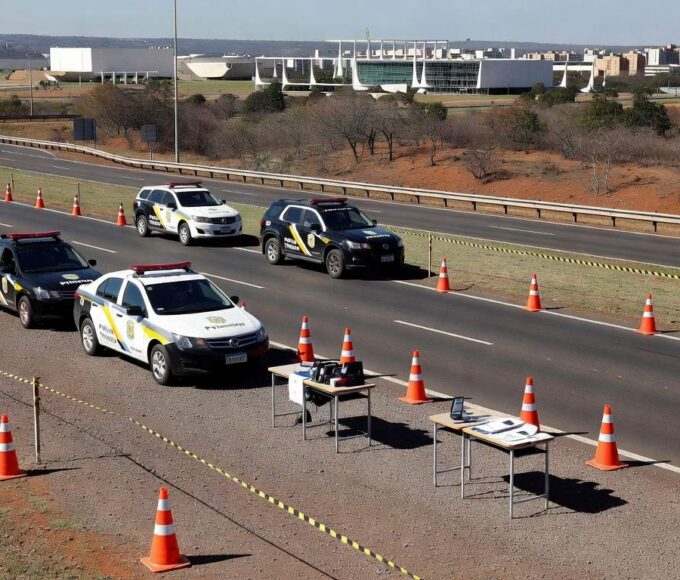 Blitz educativa Maio Laranja com viaturas em avenida de Brasília