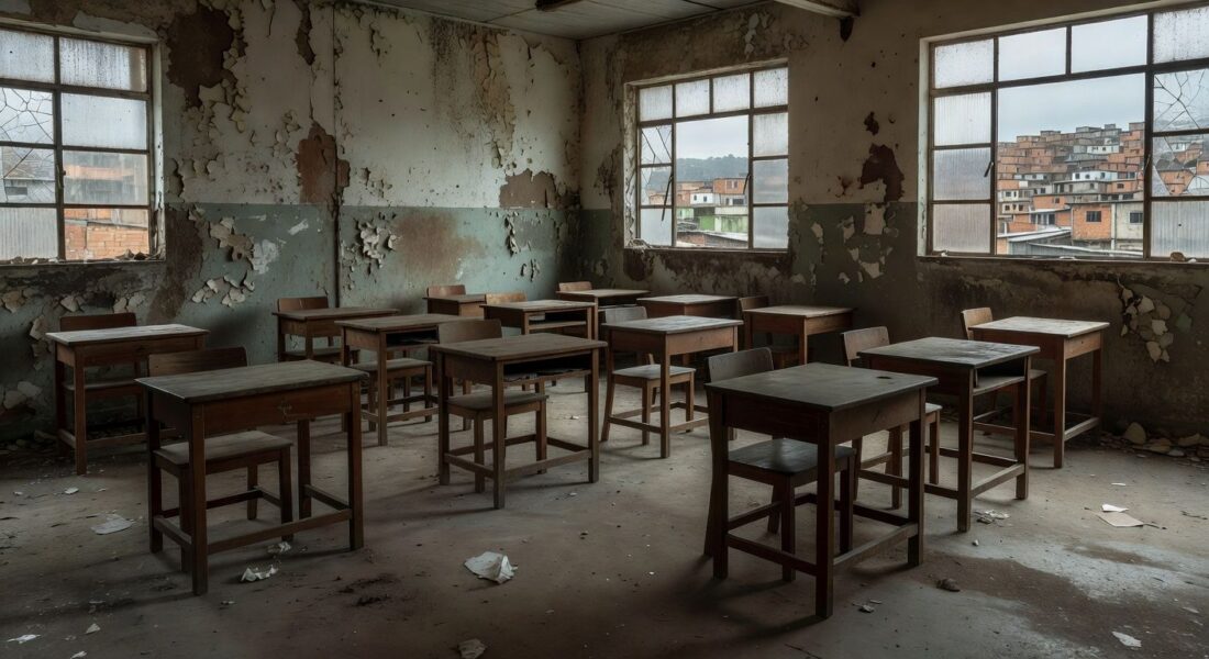 Sala de aula vazia em escola pública brasileira simbolizando evasão escolar