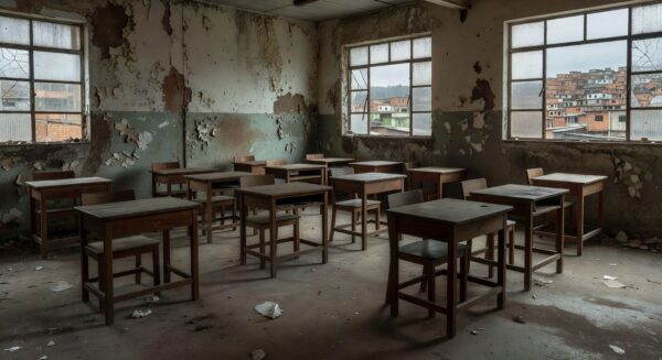 Sala de aula vazia em escola pública brasileira simbolizando evasão escolar