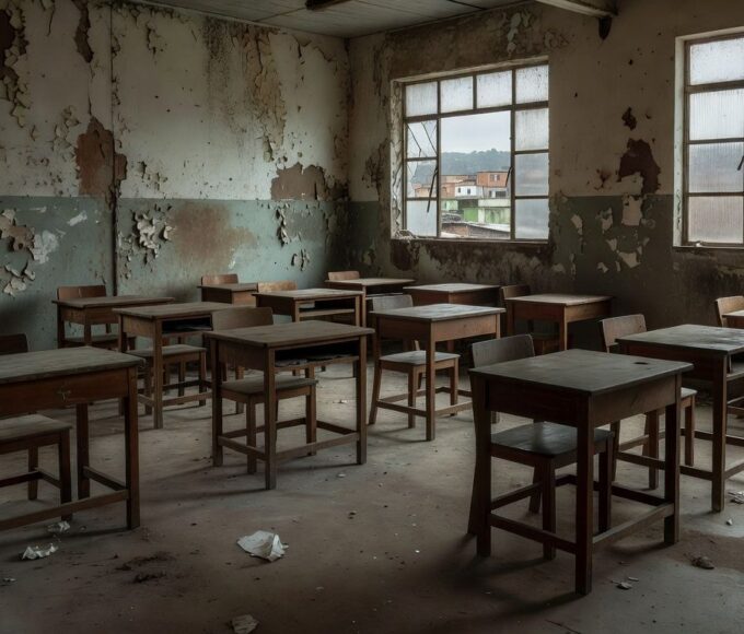 Sala de aula vazia em escola pública brasileira simbolizando evasão escolar
