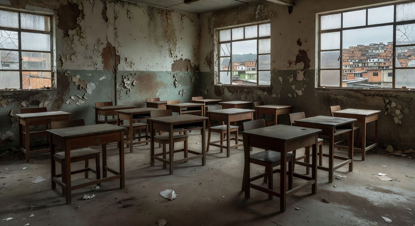 Sala de aula vazia em escola pública brasileira simbolizando evasão escolar