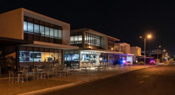 Rua de bares e restaurantes em Brasília à noite, simbolizando restrição de horários na Copa 2026