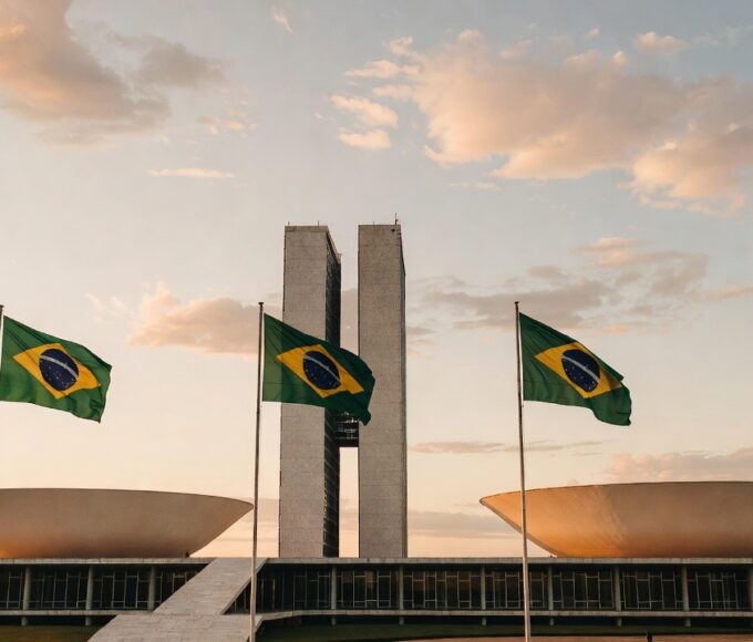 Congresso Nacional em Brasília com bandeiras do Brasil, simbolizando apoio político ao Senado.