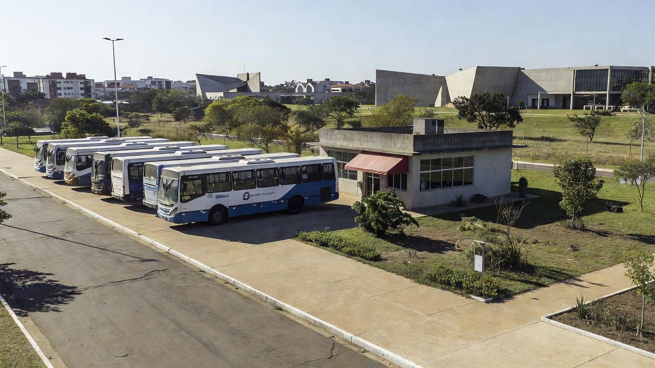 Ônibus de transporte gratuito do GDF em frente a restaurante comunitário em Brasília