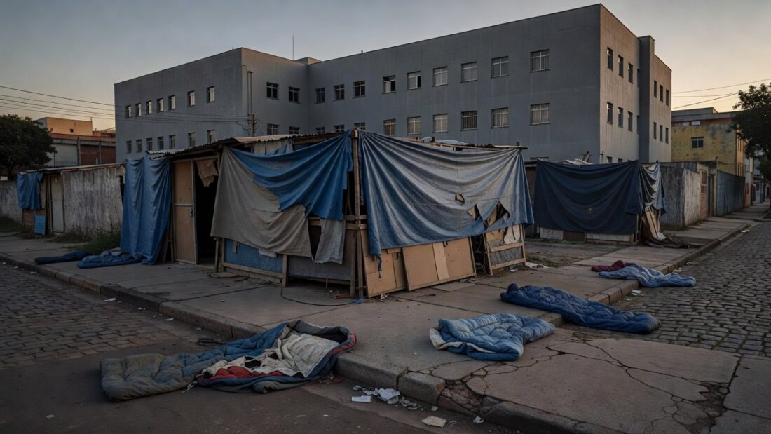 Câmara Legislativa do DF com elementos urbanos de moradores de rua
