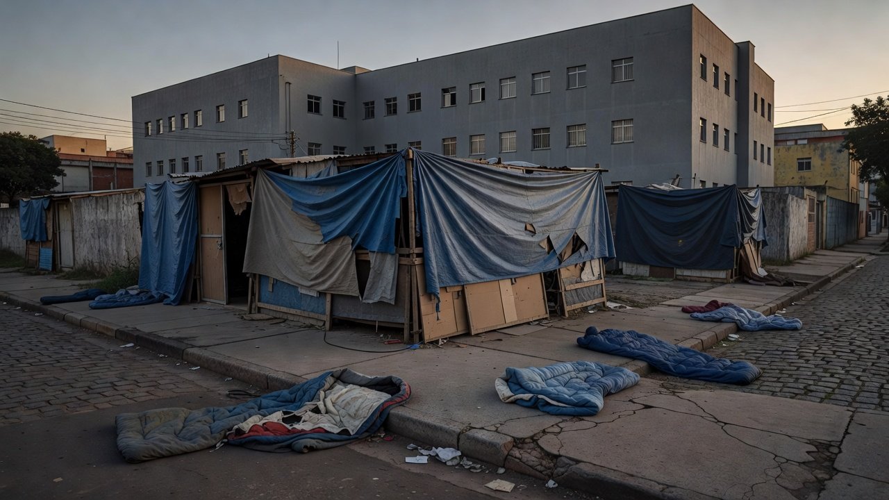 Câmara Legislativa do DF com elementos urbanos de moradores de rua