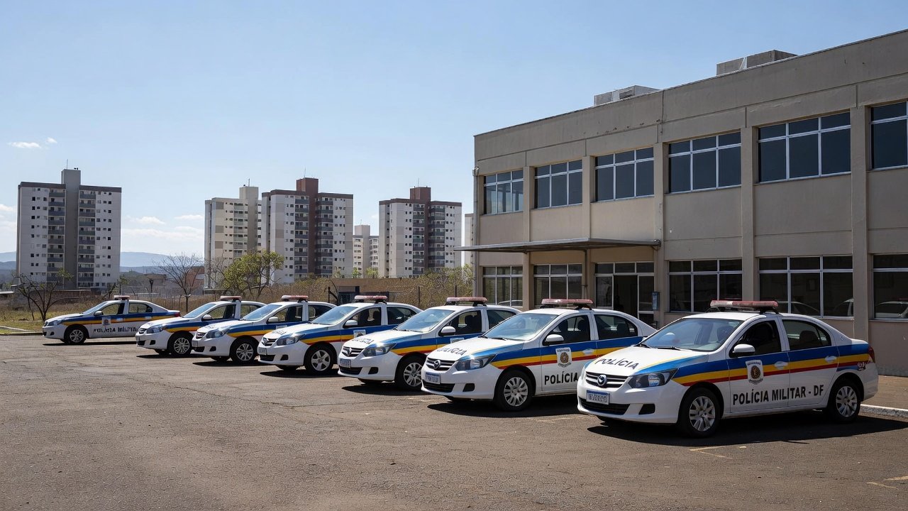 Entrada do Batalhão Valente da PMDF em Ceilândia com viaturas policiais