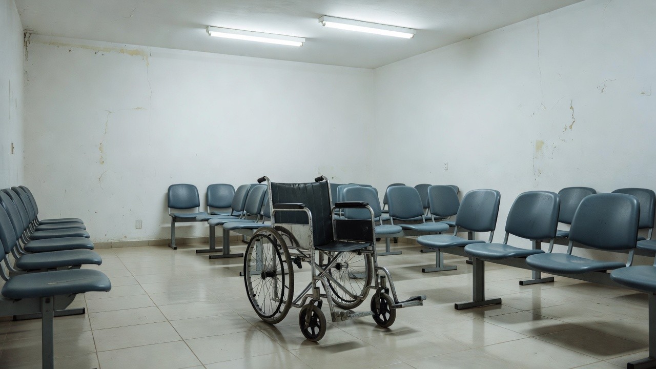 Fachada da UPA do Recanto das Emas com cadeira de rodas vazia