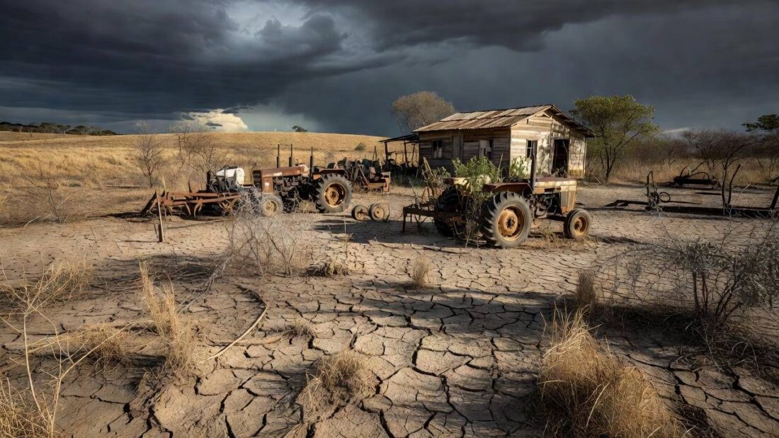 Paisagem rural brasileira em crise com campos secos e equipamentos abandonados