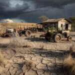 Paisagem rural brasileira em crise com campos secos e equipamentos abandonados
