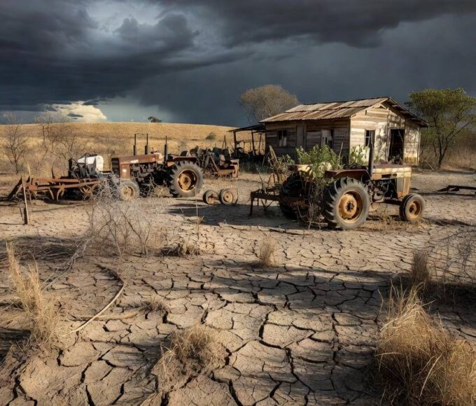 Paisagem rural brasileira em crise com campos secos e equipamentos abandonados