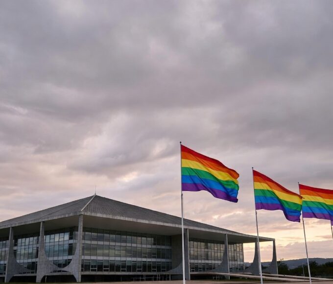 Fachada da CLDF em Brasília com bandeiras do arco-íris ao pôr do sol