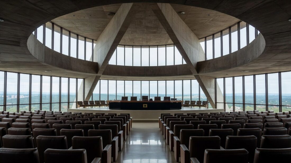 Igreja evangélica em Brasília com prédio da CLDF ao fundo sob céu nublado