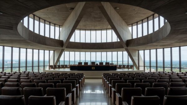 Igreja evangélica em Brasília com prédio da CLDF ao fundo sob céu nublado