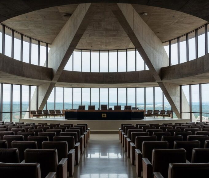 Igreja evangélica em Brasília com prédio da CLDF ao fundo sob céu nublado