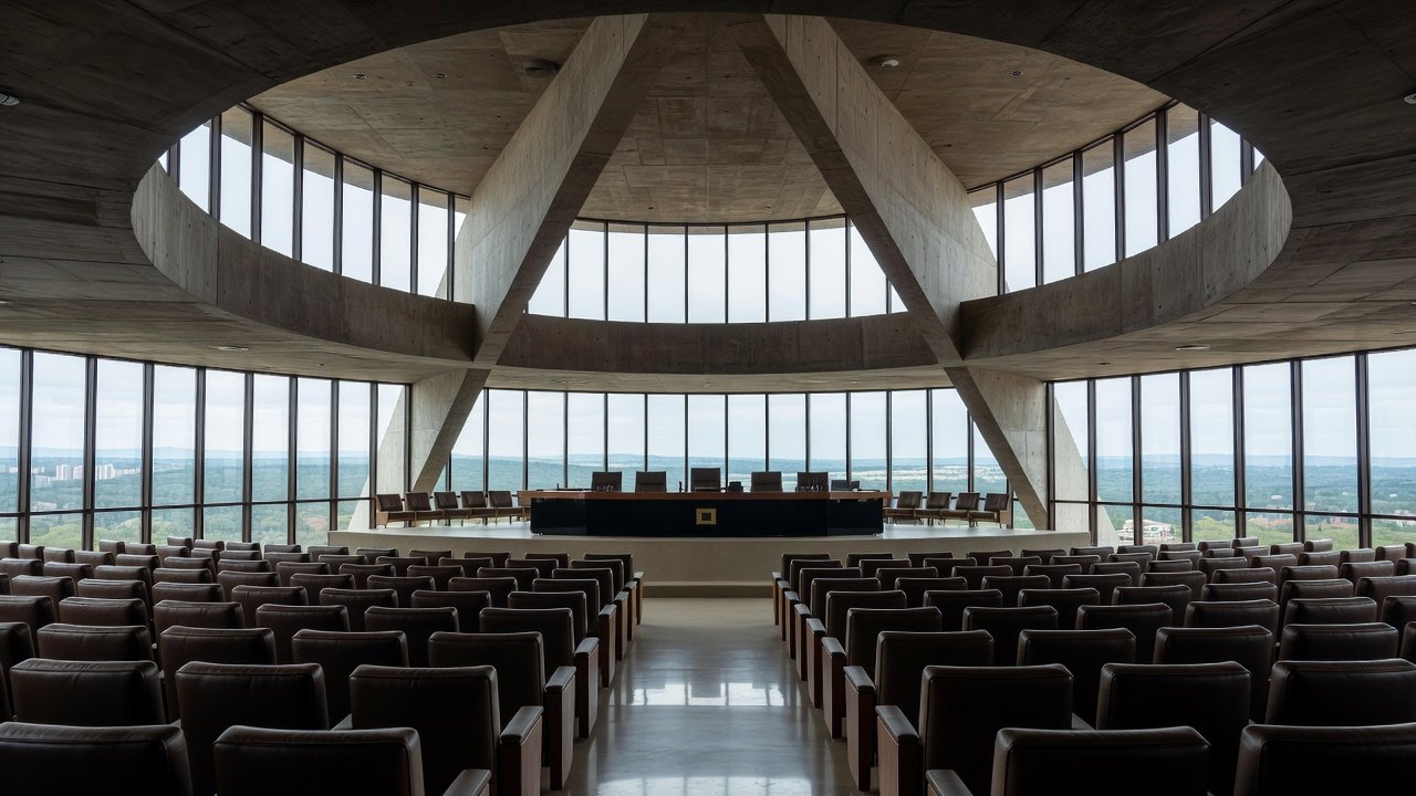 Igreja evangélica em Brasília com prédio da CLDF ao fundo sob céu nublado