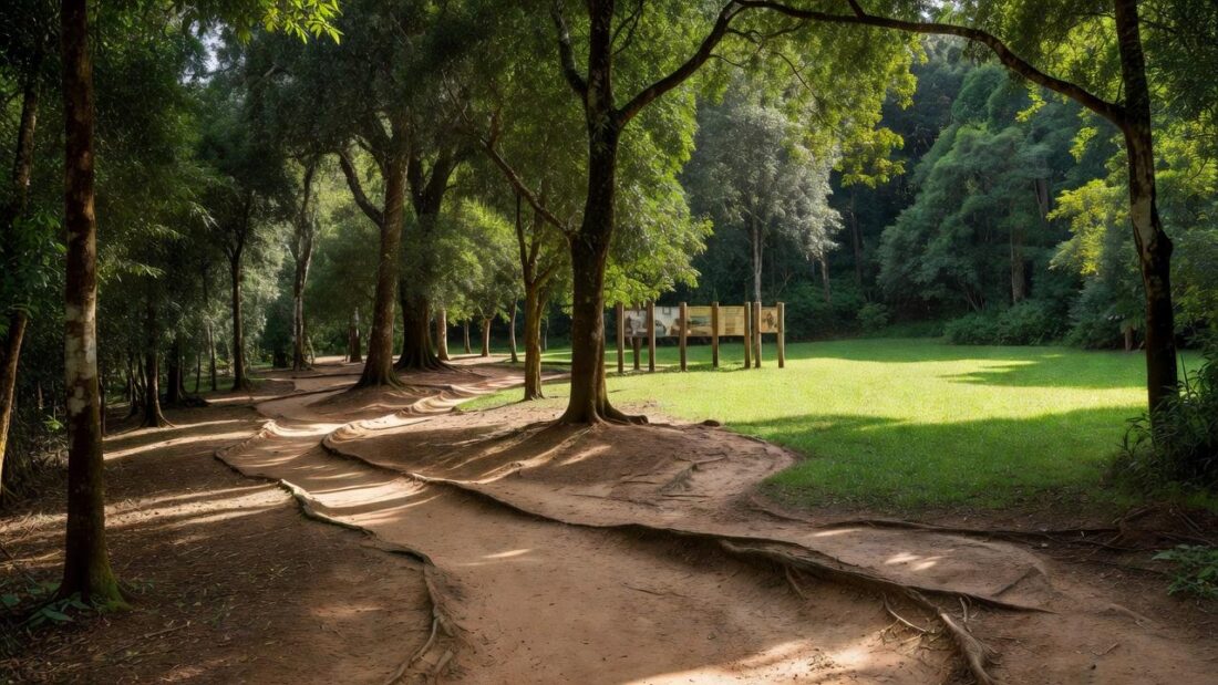 Parque educacional brasileiro com áreas verdes e estruturas de aprendizado