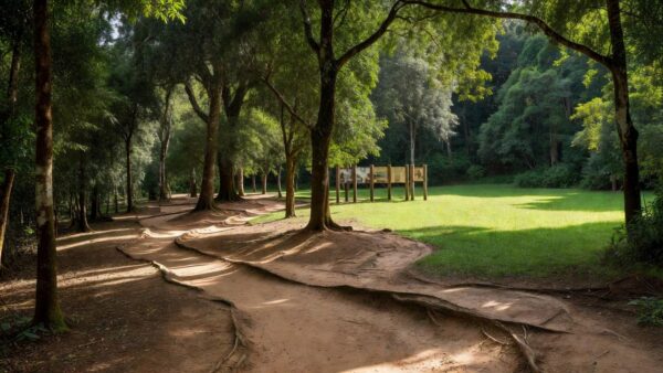 Parque educacional brasileiro com áreas verdes e estruturas de aprendizado
