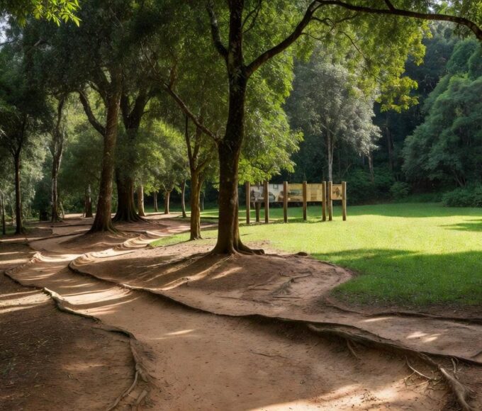 Parque educacional brasileiro com áreas verdes e estruturas de aprendizado