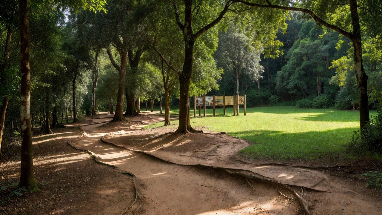 Parque educacional brasileiro com áreas verdes e estruturas de aprendizado