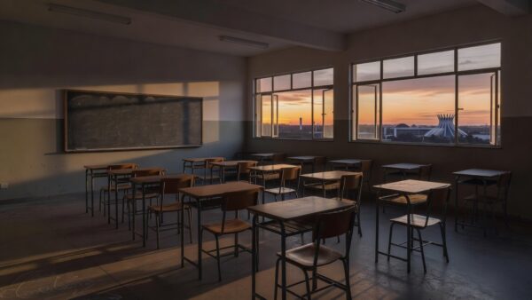 Escola pública no DF com carteiras e documentos representando remanejamentos de professores