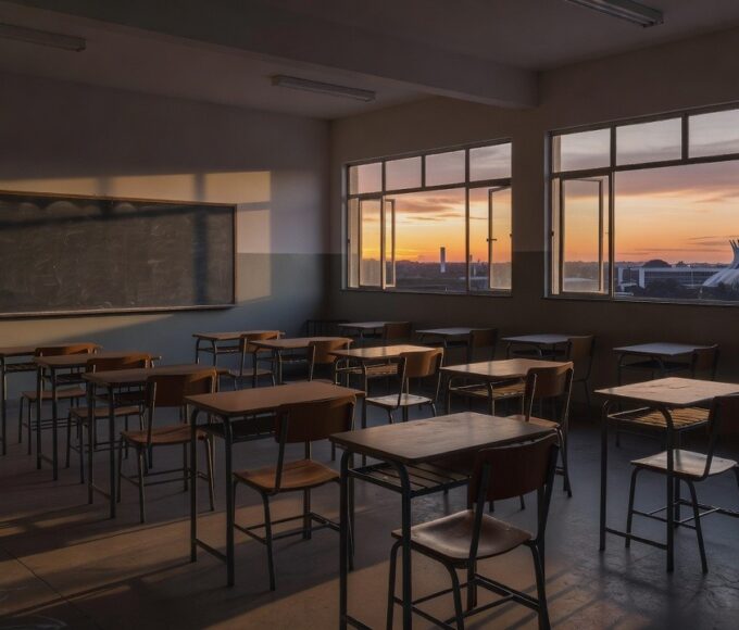 Escola pública no DF com carteiras e documentos representando remanejamentos de professores