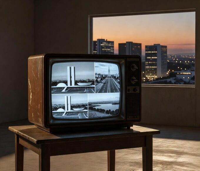 Drive-in Brasília com tela de cinema e carros ao entardecer, representando 50 anos de história