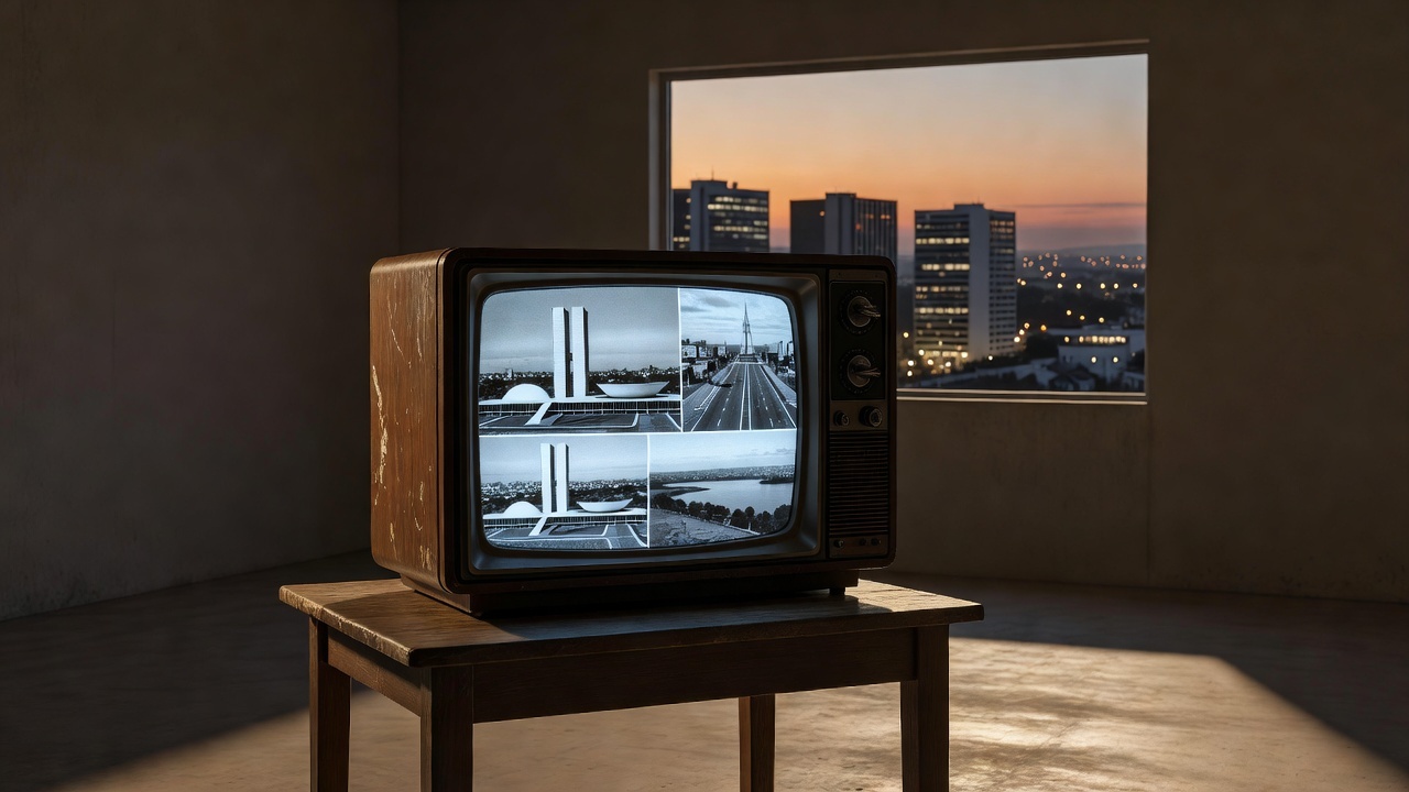 Drive-in Brasília com tela de cinema e carros ao entardecer, representando 50 anos de história