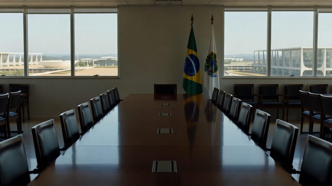 Sala de reuniões em Brasília com mesa e documentos representando encontro político