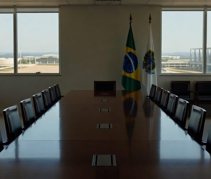 Sala de reuniões em Brasília com mesa e documentos representando encontro político