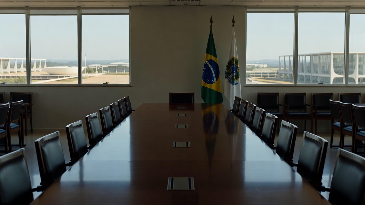 Sala de reuniões em Brasília com mesa e documentos representando encontro político