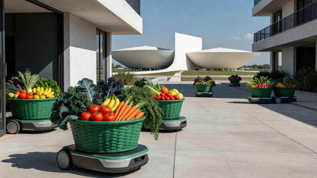 Cestas verdes com alimentos sendo entregues automaticamente no DF para beneficiários do Cartão Prato Cheio