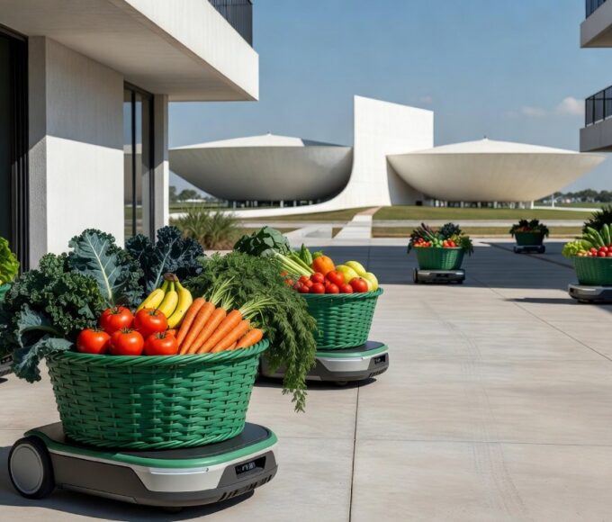 Cestas verdes com alimentos sendo entregues automaticamente no DF para beneficiários do Cartão Prato Cheio