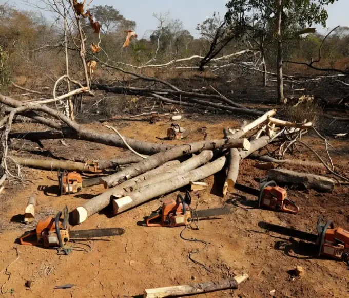 Motosserras apreendidas em área de desmatamento irregular em Arniqueiras pela PMDF