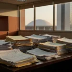 Pilhas de documentos em mesa de escritório em Brasília representando burocracia em emendas parlamentares