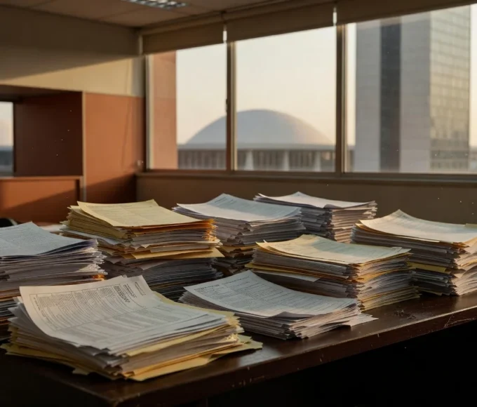 Pilhas de documentos em mesa de escritório em Brasília representando burocracia em emendas parlamentares