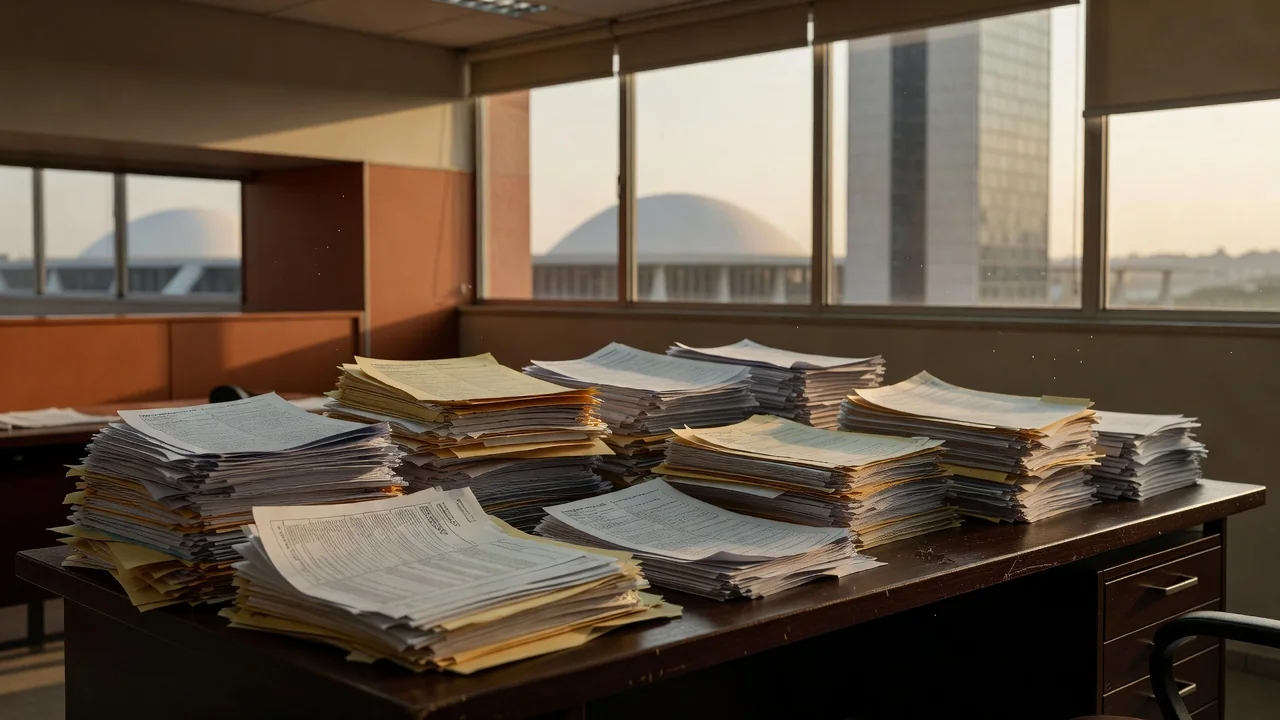 Pilhas de documentos em mesa de escritório em Brasília representando burocracia em emendas parlamentares