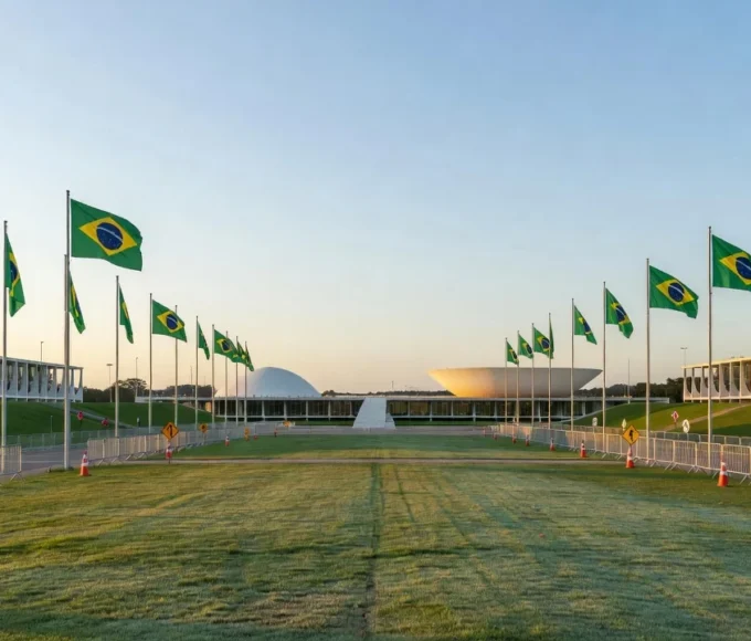 Esplanada dos Ministérios em Brasília preparada para o 7 de Setembro com bandeiras e esquema de segurança