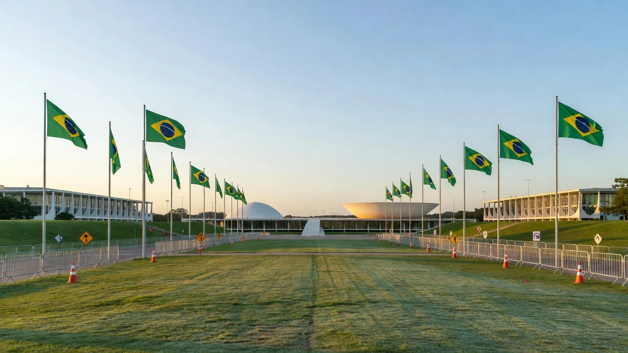 Esplanada dos Ministérios em Brasília preparada para o 7 de Setembro com bandeiras e esquema de segurança
