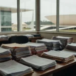 Pilhas de documentos e contratos em mesa de escritório governamental em Brasília